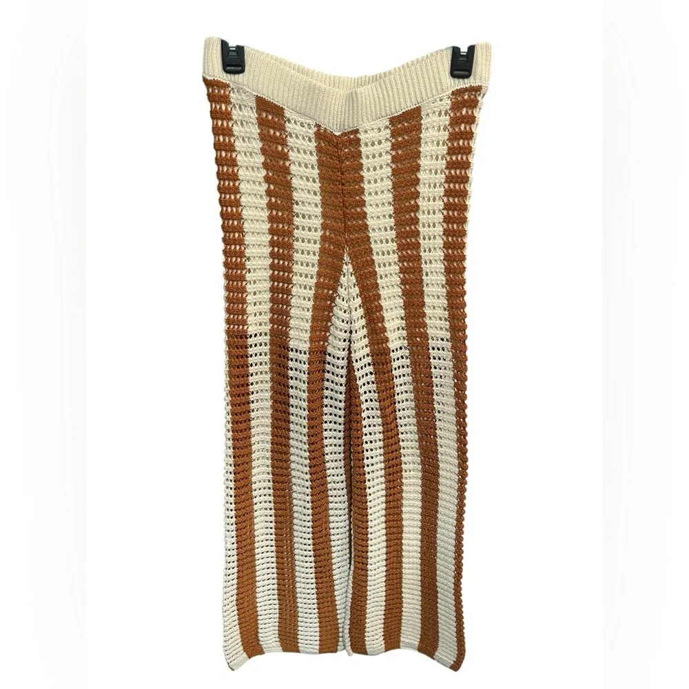 Solitaire Crocket Knit Cream and Brown Wide Leg Elastic Waist Pants - Medium - Picture 2 of 8
